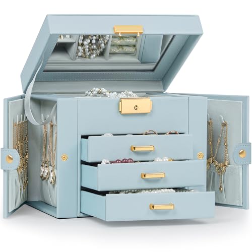 TORIBIO Jewelry Box for Women, Leather Jewelry Organizer with Mirror & Lock, 4-Tier Jewelry Storage Organizer with 3 Drawers for Girls/Women/Mothers, Necklace Earring Bracelets Holder Organizer - color: Blue, size: 4 Layer