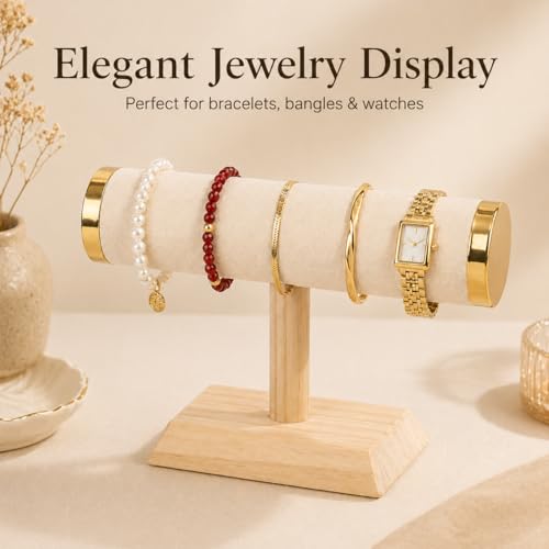 Jewelry Display T-Bar Stand – 9 inch Beige Textured Velvet Bracelet Holder with Gold Metal Ends, 1-Tier Jewelry Organizer with Natural Pine Base, Bangle & Watch Display for Retail & Vanity - color: Beige Textured Velvet