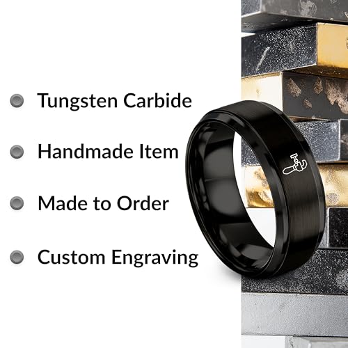Chain Tool Ring - Gift for Cyclist - 8mm - Band - Gunmetal Black Silver - Personalized Custom Engraving - Men Women - Anniversary Engagement Wedding - Tungsten Carbide - Flat Dome Bevel - color: 07 - Black Tungsten