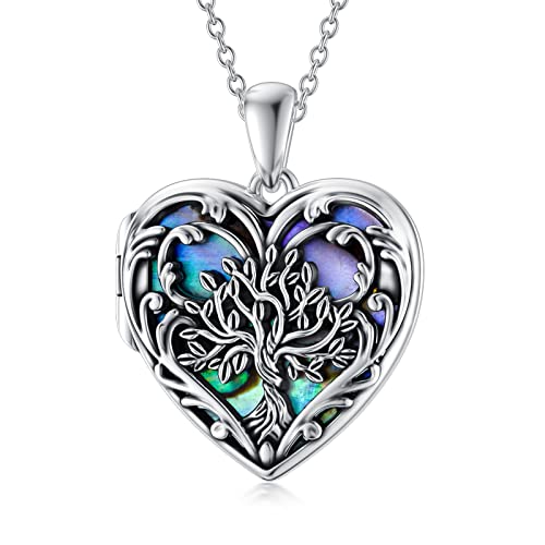 SOULMEET Personalized Silver Locket Necklace That Holds Pictures Photo Keep Someone Near to You, Memorial Custom Lockets Necklaces Letters Engraving for His Her - color: D2-Abalone tree-Black, style: Locket Necklace Only