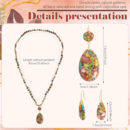 2 Pcs Boho Lapis Lazuli Jewelry Set for Women - Handmade Natural Stone Beaded Long Necklace with Oval Lapis Lazuli Pendant & Trapezoid Lapis Lazuli Earrings | Vintage Elegance | Ideal Gift for Her - style: Imperial Jasper Pendant