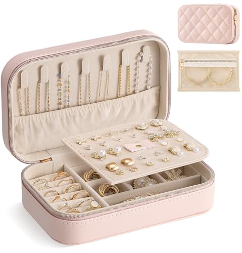 Lolalet Travel Jewelry Case for Women Girls, PU Leather Jewelry Organizer with Clear Storage Bag Small Portable Jewelry Box for Necklace Bracelet Earring Ring Mothers Day Birthday Gifts -Medium/Pink - color: Pink, size: Medium (6.8"W*4.4"D*2.2"H)