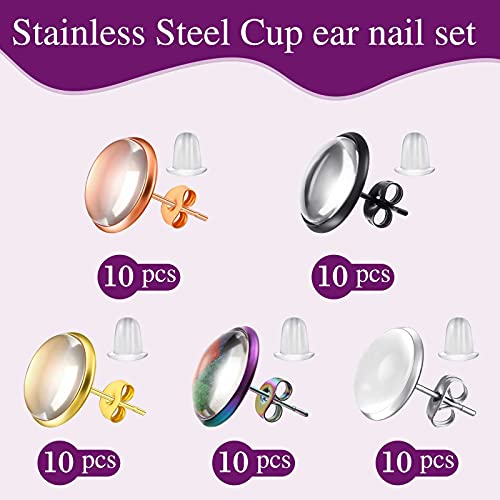 200 Pieces Stud Earring Kit, Including 50 Pieces 12 mm Stainless Steel Blank Stud 50 Rubber Back, 50 Pieces 12 mm Clear Glass Cabochons 50 Stainless Steel Earring Back for DIY Making (Mixed Color) - color: Mixed Color