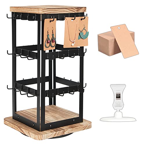 Jewelry Display for Vendors Rotating Earring Tower Holder Organizer, Jewelry Display Rack, Vintage Farmhouse Style Stand for Necklaces, Piercings with 48 Hooks and Wood Tray Black Metal Shelf -MK1073A - color: Black