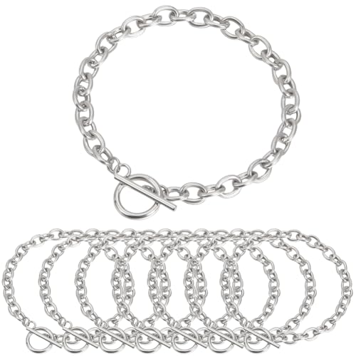 SUNNYCLUE 10Pcs Toggle Bracelets Stainless Steel Bracelet Chains Bulk Silver Metal Adjustable OT Charm Links Bangles Cable Chain with Toggles Clasps for Jewelry Making DIY Crafts Women Accessories