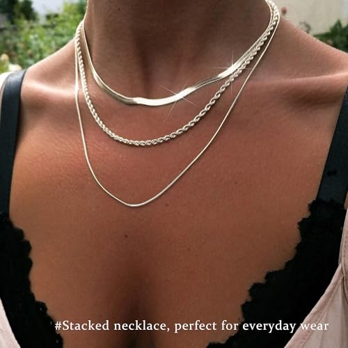 3PCS Gold Necklaces for Women,Chunky Statement Gold Plated Necklace Stack Layered Sterling Silver Herringbone Chains for Women Dainty Trendy Silver Chains Stacked Jewelry Gifts - color: silver chunky necklace set