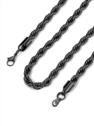Bandmax Solid 1.5mm/2mm/3mm/6mm Rope Chains for Men Women 14K Gold Plated/Black Plated Stainless Steel Twist Chain 16-30 Inches, with Gift Box - color: 12 6MM Black
