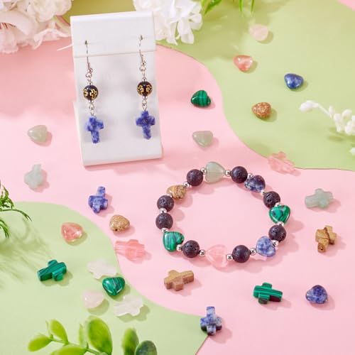 Beadthoven 24Pcs 12 Styles Heart Cross Stone Beads Colorful Natural Gemstone Crosses Crystal Bead Charm Easter Mini Small Easter Crucifix Loose Bead for Jewelry Making Crafts Bracelet Necklace Earring - color: Heart & Cross