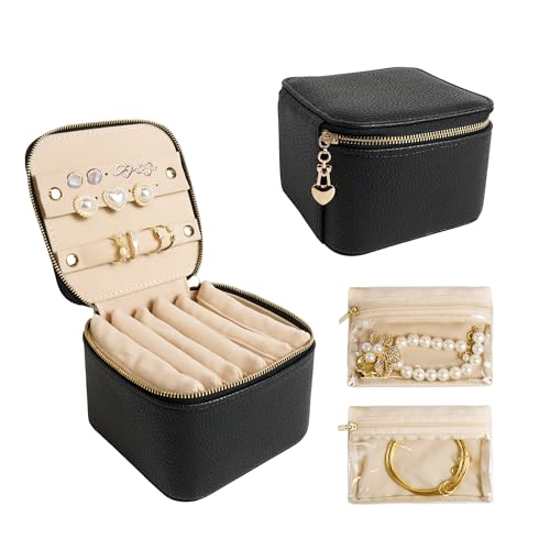 Travel Jewelry Case, Small Travel Jewelry Box with 6 Velvet Jewelry Bag Mini Pouch, Portable Travel Jewelry Organizer for Rings Earrings Necklaces, Beauty Gifts for Women Girls (Black) - color: Black