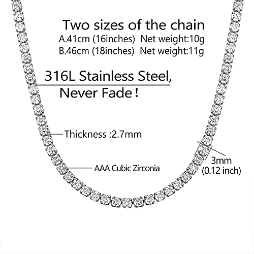 Richsteel Clear/Black 3mm Cubic Zirconia Tennis Chain Necklace for Women and Men 16/18 Inch Stainless Steel/Gold Plated Jewelry(with Gift Box) - style: 01-Steel-Clear CZ