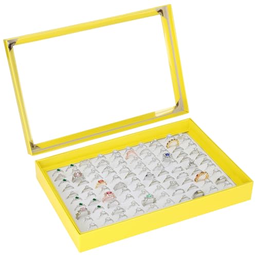 KUKUVR 100 Slots Ring Earring Holder Display Case, Velvet Jewelry Ring Earring Storage Organizer Box Tray with Clear Lid for Women And Selling Show (Yellow) - color: Yellow