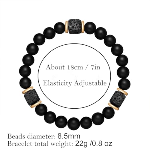 Elastic Adjustable Mens Bracelet - 8mm Black Onyx & Lava Stone Beads Bracelets Jewelry Gift for Men, Beads Charm Bracelet with Elastic Cord, Birthday Gifts for Him Dad Husband