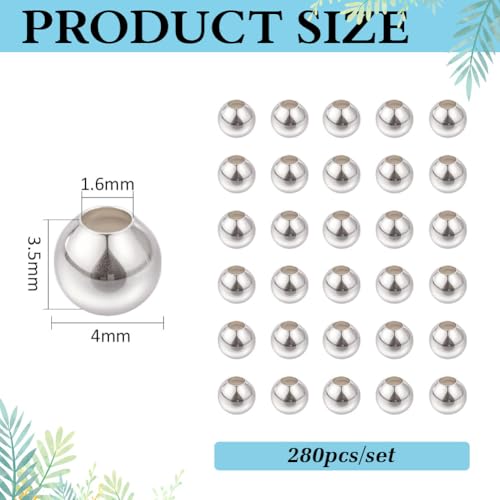 280Pcs 925 Sterling Silver Plated Spacer Beads Smooth Round Ball Brass Beads 4x3.5mm Stackable Loose Beads Finding Bulk for Bracelet Necklace Earring Jewelry Making DIY Crafts - size: 4x3.5mm