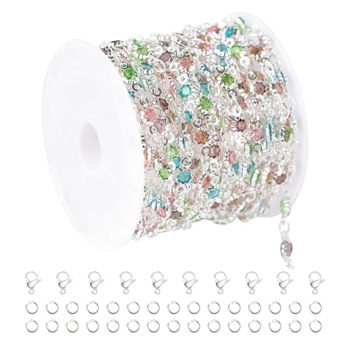 YOUBEIYEE 3 Yard Colorful Rhinestone Jewelry Chain for Jewelry Making Silver Plated Brass Chains Bulk with Jump Rings and Lobster Clasps - color: Colorful Crystal