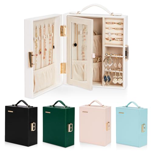Enthralite Large Travel Jewelry Case: Portable Jewelry Box with Mirror - PU Leather Small Jewelry Organizer for Rings Earrings Necklaces Bracelets - Birthday Gift for Her - color: White