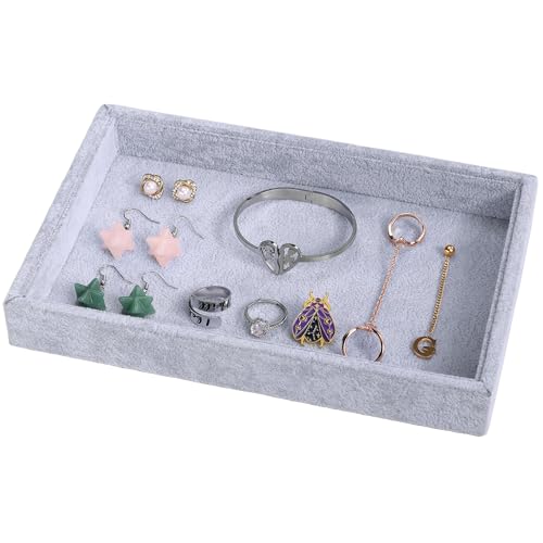 2 Pcs 9" x 5.7" Velvet Jewelry Tray Jewelry Display Tray, Stackable Empty Plate Trays for Earrings Necklaces Bracelet Rings Display Showcase - Grey - color: Grey, size: Flat Tray 9"x5.7"