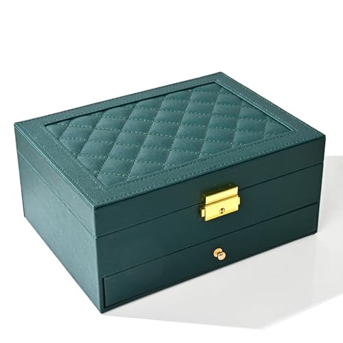GUOER Jewelry Box for Women Girl Wife - Large PU Leather Jewelry Organizer Storage Case with Two Layers Display for Earrings Bracelets Rings Watches (Green) - color: Green-01