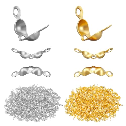 600 Pcs Metal Open Bead Tips Knot Covers, Crimp Covers, Crimping Beads End Caps, Bulk Clamshell Bead Tips for DIY Bracelet, Jewelry Making (Silver, Gold)