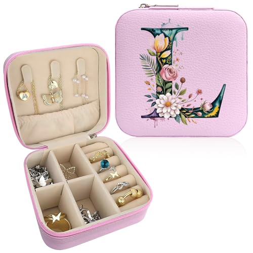 Monogram Jewelry Box Portable Print Jewelry Box, 1pcs Pink Compact Jewelry Box Travel Jewelry Case Travel Case Organizer Bag Storage Box Jewelry Holder For Necklace Earrings Rings Bracelet (Letter L) - color: Letter L 01