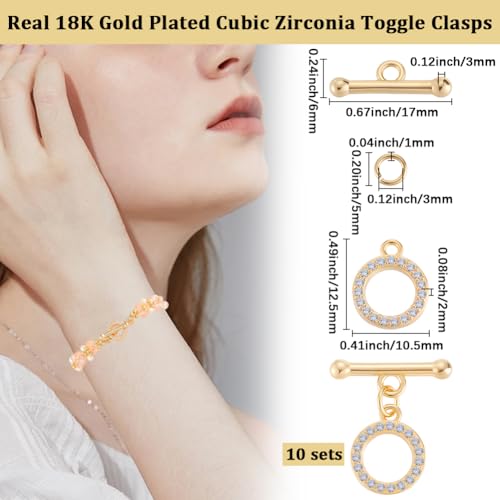 Beebeecraft 10 Sets Small 18K Gold Plated Toggle Clasp Cubic Zirconia OT T-bar Closure Connector End Clasp for Bracelet Necklace Jewelry Making DIY Findings