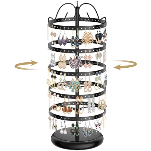 LASZOLA 5 Tier Black Earring Holder Organizer Tree Women Display Storage for Stud and Hoop, Large Cool Rotating Clip Stand for Pierced and Dangle Earring, Vertical Metal Tower Carousel with 220 Holes - color: Black, size: 5 Tier, 220 Holes