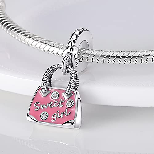 MULA 925 Sterling Silver Charms for Bracelets and Necklaces Lipstick and Bag Dangle Pendants Tower Camera Beads Jewelry Charms for Women - color: Sweet Girl Handbag