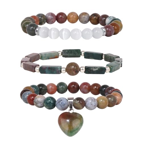 Vinswet Healing Crystal Beaded Bracelets for Women,Natural Amethyst Gemstones Bracelet,Anxiety Stress Relief Heart Charm Bracelet Handmade purple Jewelry Gifts for Women - color: Indian agate&Moonstone