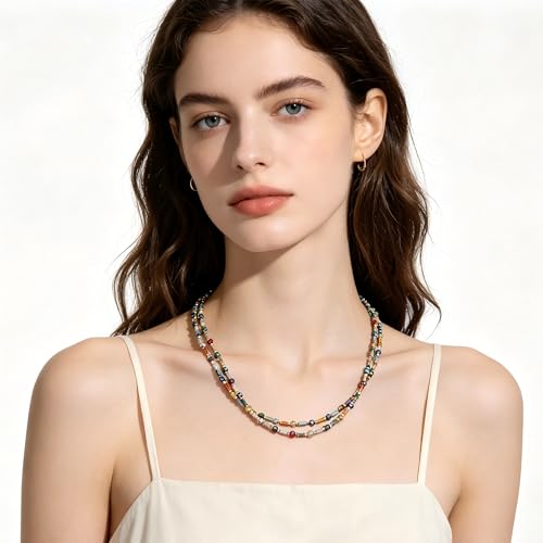 Plumiss Boho Handmade Natural Jasper Stone Beaded Crystal Mixed Strand Short Necklace for Women Girl - color: Crystal