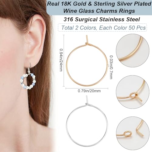 Beebeecraft 1 Box 100Pcs Hoop Earring Findings 316 Surgical Stainless Steel Hoop Ear Wire 20mm Wine Glass Charms Rings for Jewelry Making DIY Crafts (Gold, Silver) - color: Gold and Silver, size: 20mm