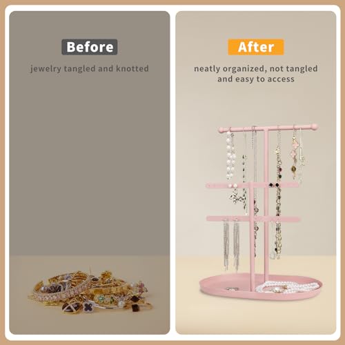 Saydear Elegant Jewelry holder Organizer 2-Tier Display Storage Stand for Earrings Necklaces with Ring Tray Spacious and Durable, Easy to Assemble Pink - color: Pink