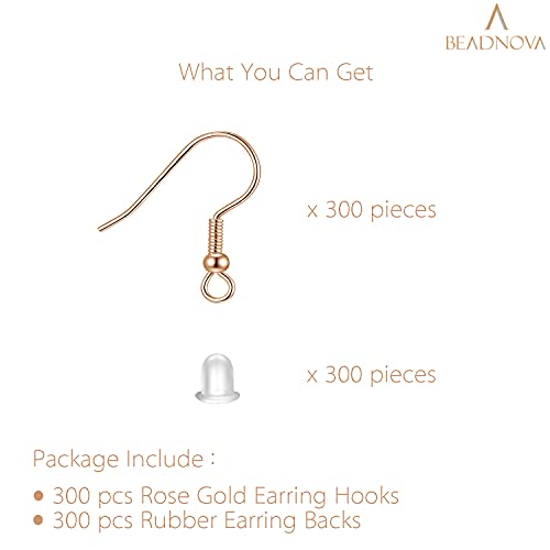 BEADNOVA Earring Hooks 300pcs Earring Kits with Rubber Backs Ear Wire Hook for Jewelry Making DIY Ear Stud Supplies (300pcs Rose Gold Earwires and 300 pcs Backs, Total 600pcs) - color: Rose Gold, size: 300pcs