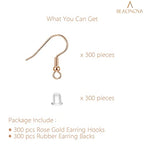 BEADNOVA Earring Hooks 300pcs Earring Kits with Rubber Backs Ear Wire Hook for Jewelry Making DIY Ear Stud Supplies (300pcs Rose Gold Earwires and 300 pcs Backs, Total 600pcs) - color: Rose Gold, size: 300pcs