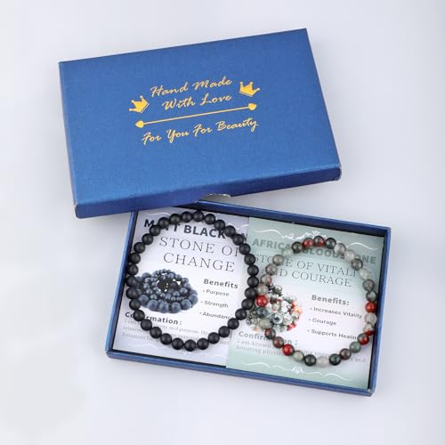 NCB 2.3-Piece 4mm Natural Crystal Gemstone Stretch Bracelets – Handmade Reiki Energy Healing Jewelry for Meditation,Yoga, Unisex - color: 2PCS ( African Bloodstone+Matte Black Agate ), size: 6mm