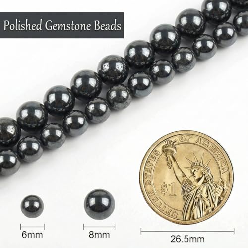 Stone Beads, 60pcs Black Hematite, 6mm Round Loose Beads for Jewelry Making, Bracelets, with Bag, String & Card - color: Black Hematite, size: 6mm