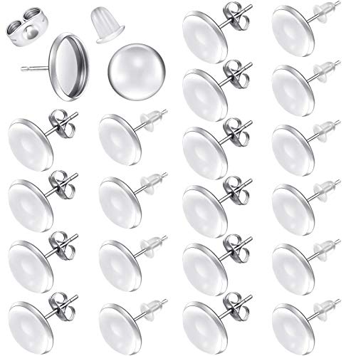 Hicarer 200 Pieces Stud Earring Kit, Including 50 Pieces 12 mm Stainless Steel Blank Stud 50 Rubber Back, 50 Pieces 12 mm Clear Glass Cabochons 50 Stainless Steel Earring Back for DIY Making (Silver) - color: Silver