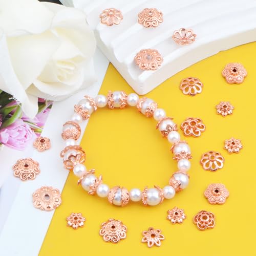 120 Gram Rose Golden Flower End Caps Cone Bead Caps Mixed Styles Spacer Beads Accessories with a Box for DIY Bracelet Necklace Crafts Jewelry Making - color: Rose Golden