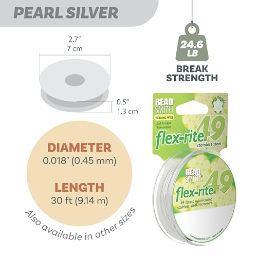 The Beadsmith Flex-Rite Beading Wire - 49-Strand Nylon-Coated Stainless-Steel Wire, 0.018" (0.45 mm) Dia, Pearl Silver, 30 ft Spool, Durable Necklace & Bracelet String, for Jewelry Making Supplies - color: Pearl Silver, size: .018” Dia - 30 ft