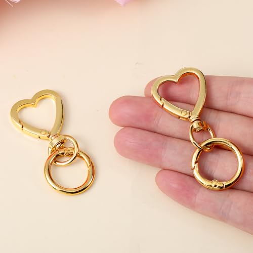 2 Pcs Double Opening Keychain Clip, Heart Spring Snap Hooks Zinc Alloy Swivel Lobster Clasp with Key Ring Spring Snap Hook Purse Clip for Jewelry Lanyard DIY Crafts Purse Making Camping Travel (Gold)
