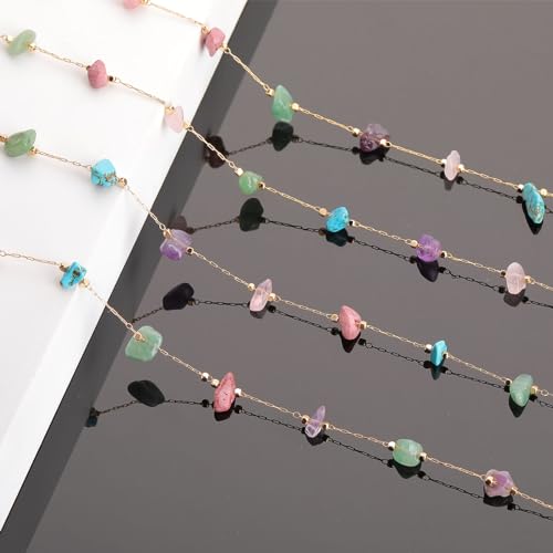 KYUNHOO 16.4FT Colorful Natural Stone Chain Links Gold Plated Brass Chain for Necklace Thin Paperclip Chain Roll with Lobster Clasps Jump Rings Jewelry Making Supplies - color: Natural Stone-Colorful