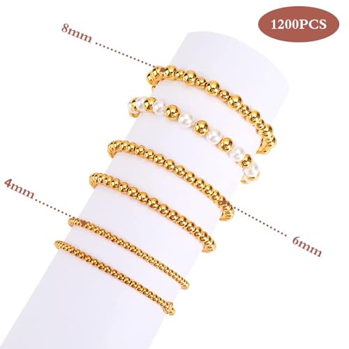 1200Pcs Gold Round Spacer Beads Smooth Loose Ball Beads for Bracelet Craft, 4mm, 6mm, 8mm - color: Gold, size: 4mm,6mm,8mm