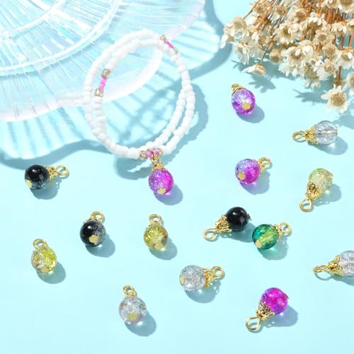 Ipotkitt 100 Pcs Crackle Glass Round Bead Charms Colorful Drop Crystal Bead Charms Mini Dangle Beads for Jewelry Making DIY Necklace Earring Accessory - color: 100pcs-Crackle Glass Charms-15~15.5mm