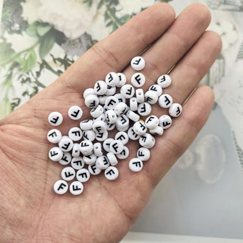 Amaney Letter Beads F 100pcs 7x4mm White Round Acrylic Black Alphabet for Bracelet Jewelry Making - color: F