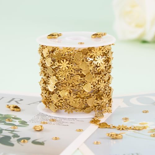 KYUNHOO 4.3 Yard Stainless Steel Heart Chain for Jewelry Making Gold Plated Flower Chains Bulk with Lobster Clasps and Jump Rings for Necklace Bracelet Crafting - color: FLower Gold