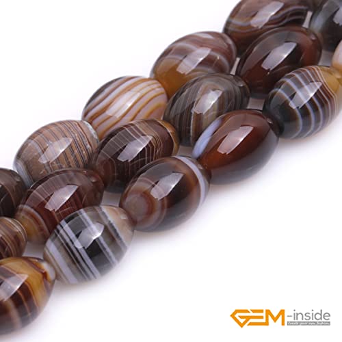 GEM-Inside Stripe Botswana Agate Gemstone Loose Beads Natural 10x14mm Bronw Olivary Crystal Energy Stone Power for Jewelry Making 15" - size: Brown-10X14mm