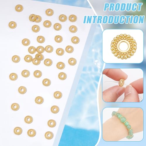 BENECREAT 100Pcs Real 18K Gold Plated Spacer Beads, 7.5x2mm Flower Metal Spacer Beads Heishi and Rondelle Bead for Jewelry Making Findings and Craft Work, Hole: 2mm