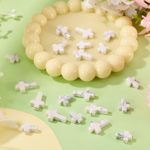 20 Pcs White Turquoise Cross Beads Small Cross Gemstone Beads Natural White Howlite Bead Crystal Crucifix Charms for Easter Holiday Eid Mubarak Ramadan Jewelry Making 12.5 & 14.5mm - color: White-Howlite
