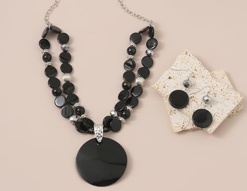 Layered Beads Statement Fashion Necklace Chunky Jewelry Set Big Colorful Glass Stone Circle Shell Pendant Choker Necklace and Earring Set for Women - color: black