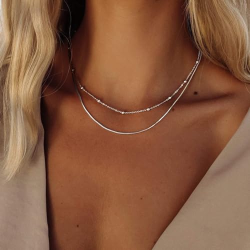 Freekiss Women's Layered Necklace Set - 3 Piece Dainty Gold Jewelry for Everyday Stacking | 14K Gold Plated Snake Chain, Rope Chain, Cuban Chain | Adjustable Length 14-18.5 Inch | Gift Ready - color: Silver, style: Layer Beaded Choker+1.5mm snake