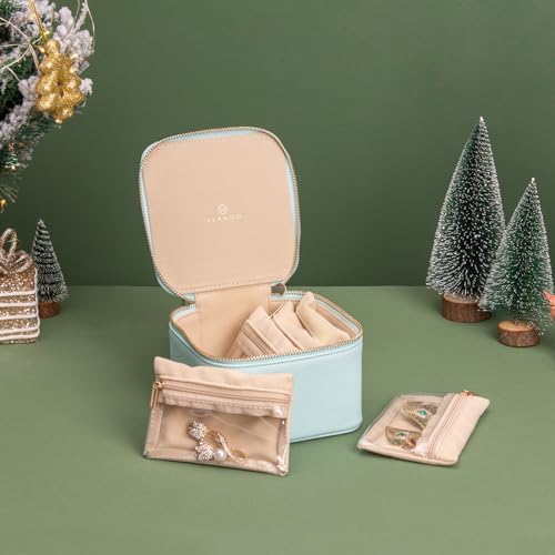 VLANDO Travel Jewelry Box for Women Faux Leather Jewelry Box with 6 Velvet Jewelry Zipper Pockets Earrings Necklace Rings Storage Boxes Christmas Gift for Mom Wife(Lake Blue) - color: 6PCS-Lake Blue