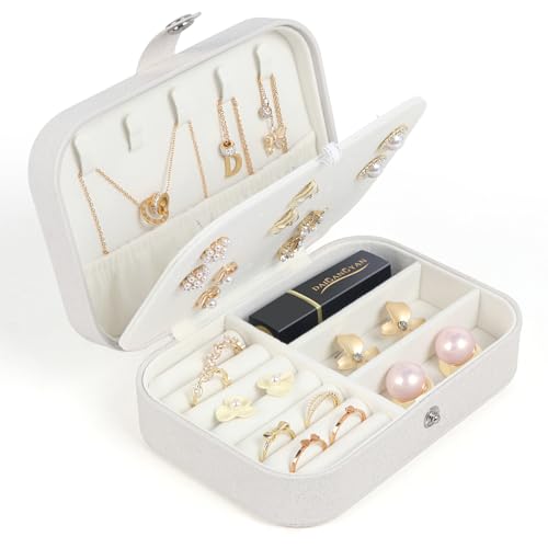 Travel Jewelry Box, Small Jewelry Organizer Boxes for Women Girls, 2 Layer Travel Jewlery Case, PU Leather Mini Portable Jewerly Storage Display Holder for Earrings, Ring, Necklaces, Bracelets - White - color: White